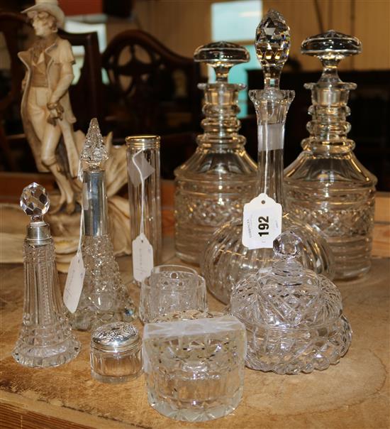 Pair Geo style ring-turned decanters, another decanter & sundry cut glass dressing table items (some silver-mounted)